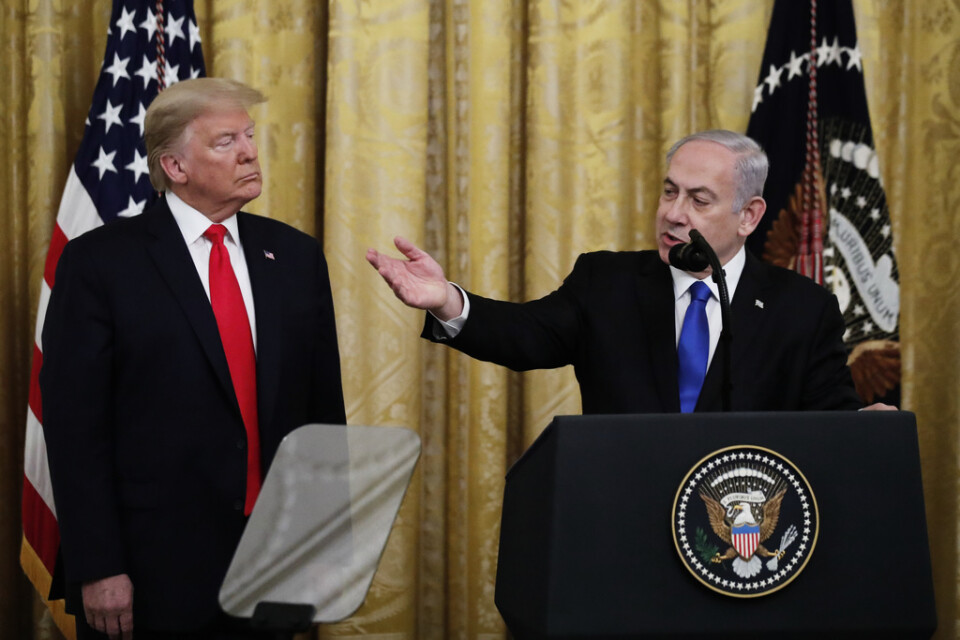 Israels premiärminister Benjamin Netanyahu och USA:s president Donald Trump i Vita huset där Trumps fredsplan presenterades..