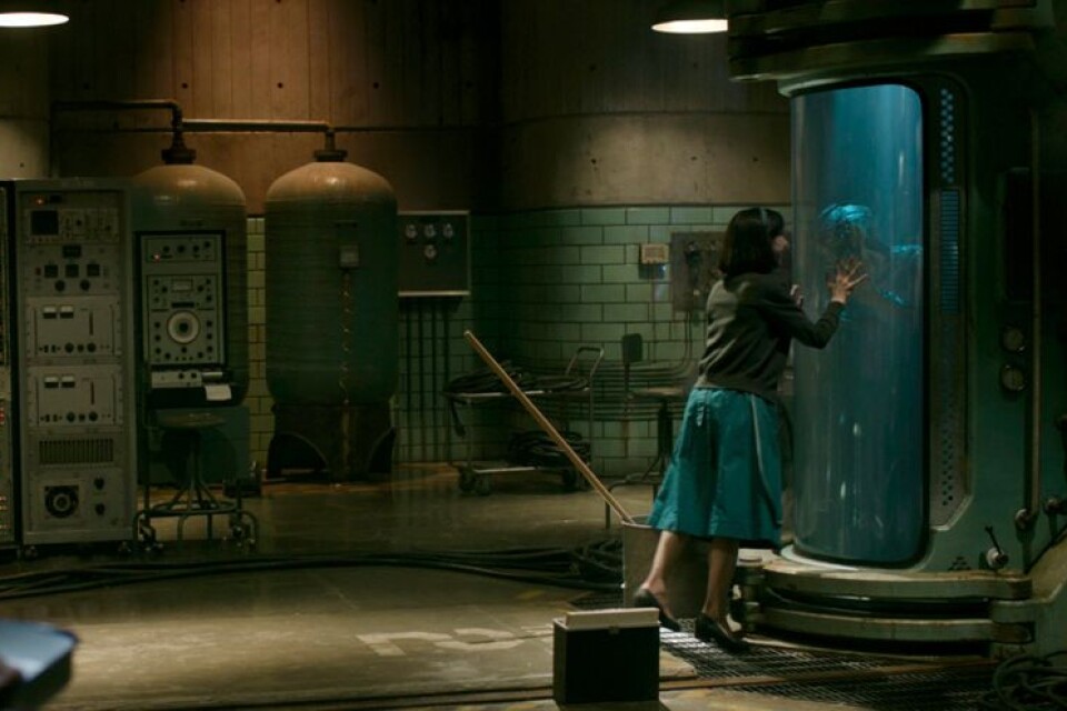 Sally Hawkins spelar städerskan som förälskar sig i amfibievarelsen (Doug Jones) som fångats in av forskare i ”The shape of water”.