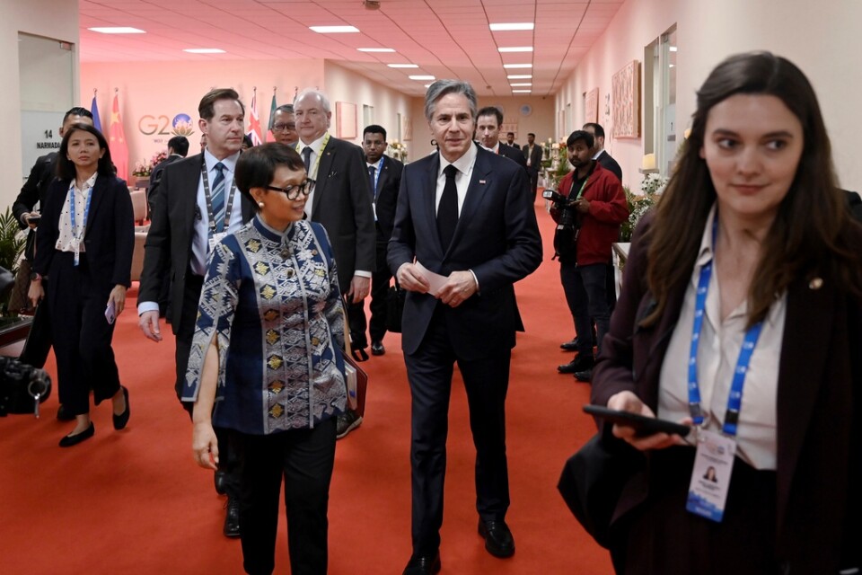 USA:s utrikesminister Antony Blinken och Indonesiens utrikesminister Retno Marsudi under torsdagens G20-möte.