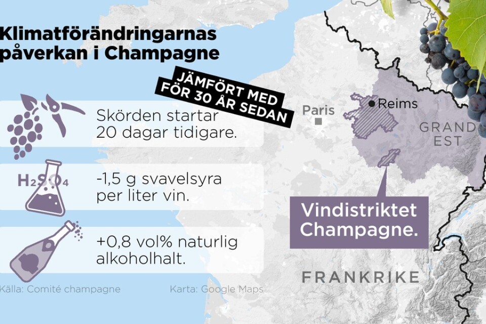 Karta som visar vindistriktet Champagne i Frankrike.