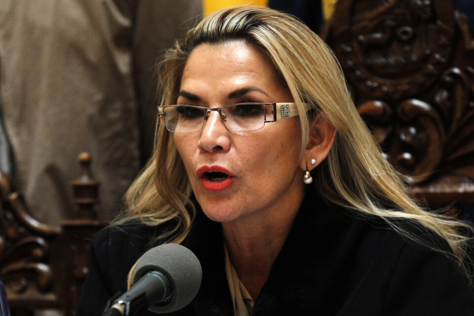 Bolivias interimspresident Jeanine Áñez under en presskonferens på lördagen.