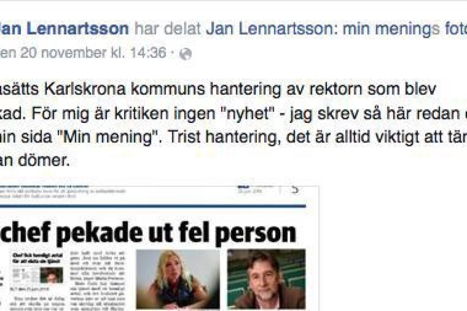 Ett av inläggen från Jan Lennartsson Min mening på Facebook som rör skolchefens fadäser, som han kallar dem.