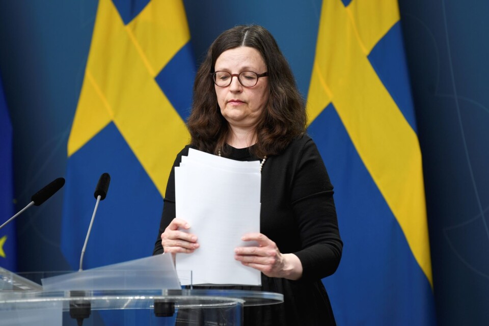 Utbildningsminister Anna Ekström (S) kommenterar Riksrevisionens granskning av PISA-undersökningen 2018 under en pressträff i Rosenbad i slutet av april.