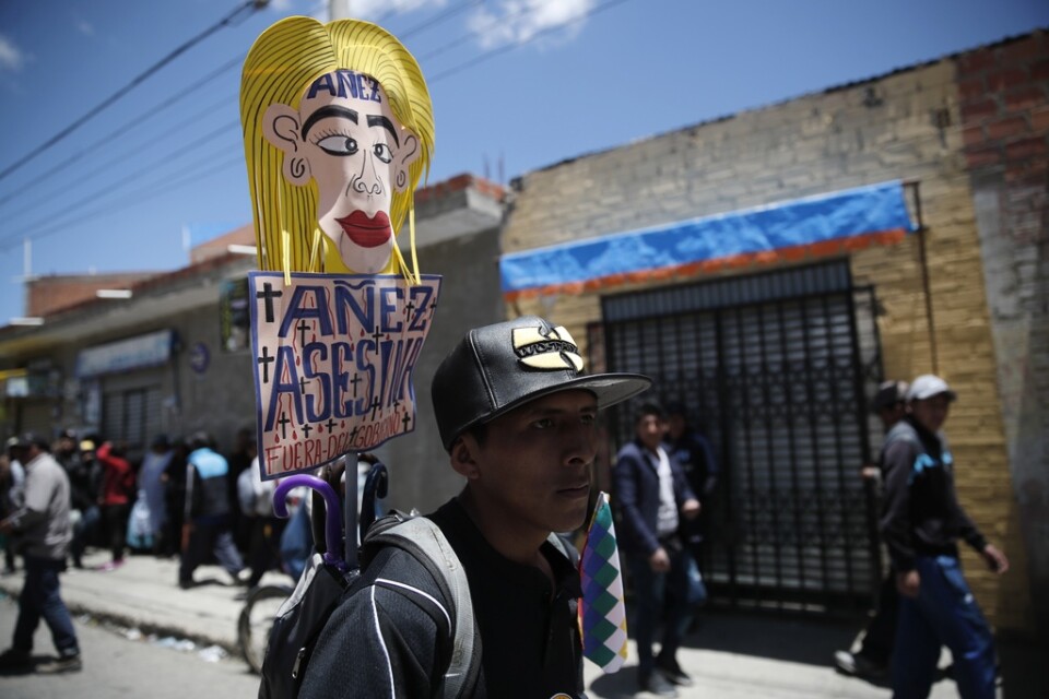 En anhängare till den tidigare presidenten Evo Morales håller ett plakat med texten "Jeanine Áñez lönnmördare, försvinn" under en demonstration i El Alto utanför huvudstaden La Paz.