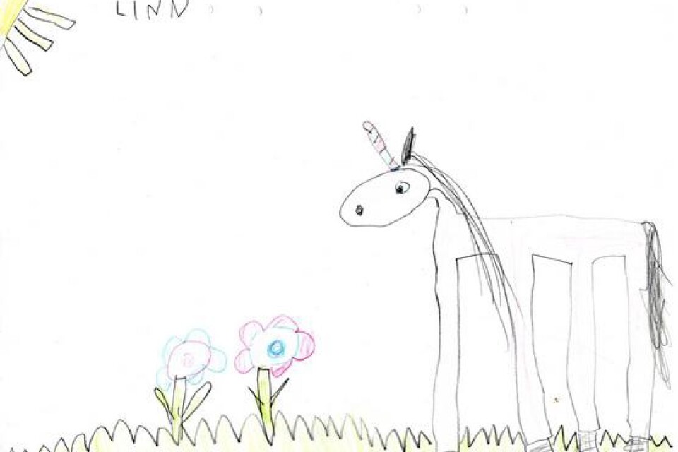 Linn Gustafson, fem år, Svarte, Förskolan Bläckfisken, har ritat en enhörning.