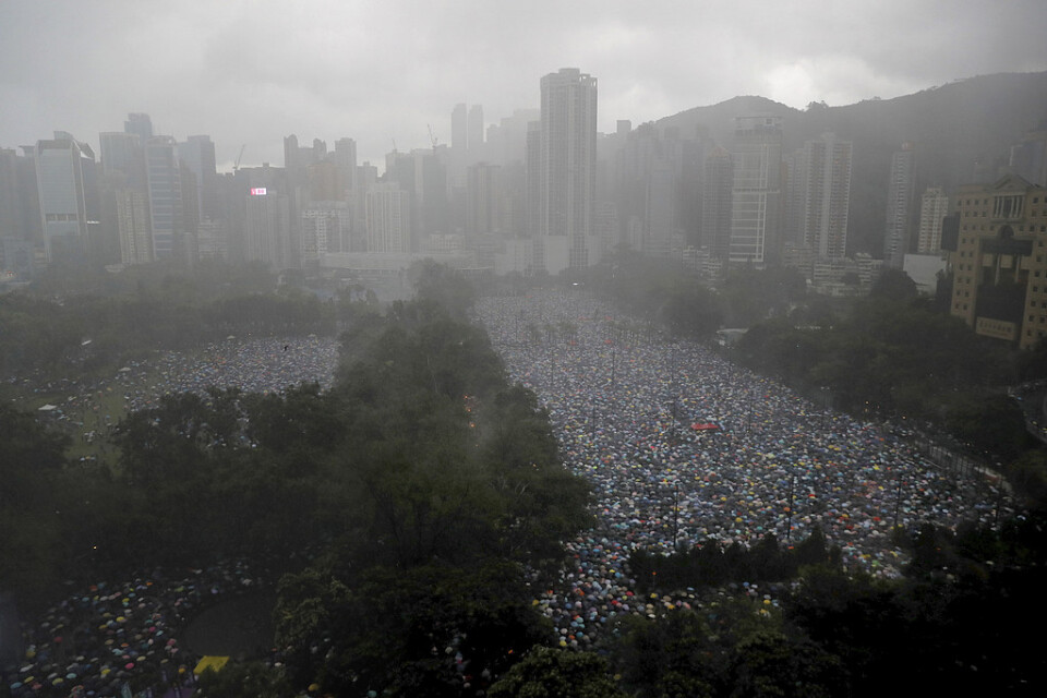 Demonstranter vid Victoria Park i Hongkong i söndags.