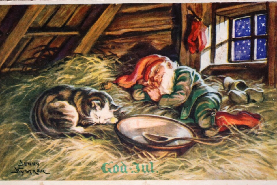 Förr i tiden trodde man det fanns gårdstomtar som såg till djuren. Då skulle man sätta ut en skål med gröt till gårdstomten, för att vara snäll mot honom. Annars kunde han bli arg. Jenny Nyström är känd för sina målningar av gårdstomtar.
