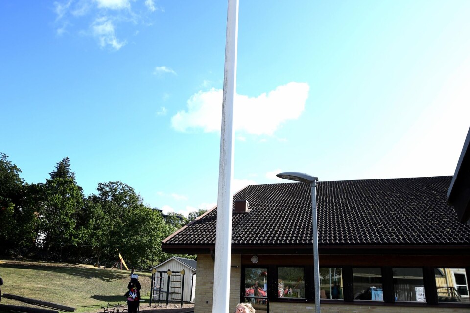Hela förskolans pridefest inleddes med att Sofie Holmér hissade skolans egen prideflagga.