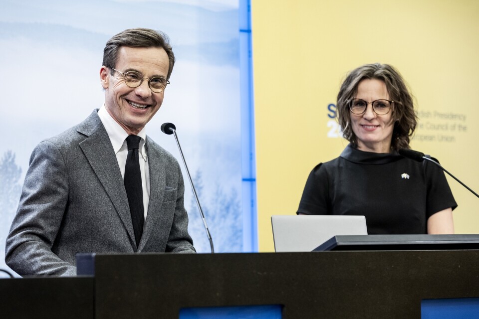Statsminister Ulf Kristersson (M) och EU-minister Jessika Roswall under en pressträff om ordförandeskapet.