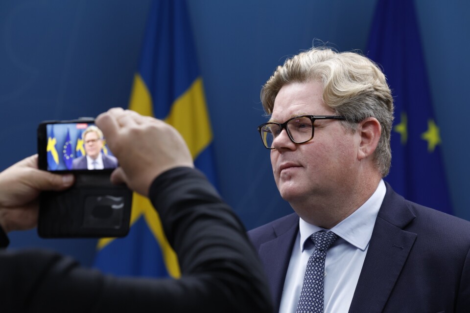 Justitieminister Gunnar Strömmer (M) vid en pressträff