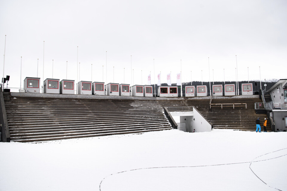 Ett så gott som tomt målområde i Åre. Här skulle de avslutande tävlingarna i damernas alpina världscup ha avgjorts torsdag-lördag.
