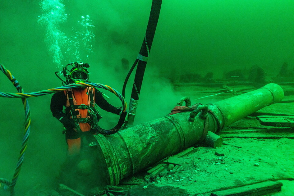 Försvarets dykare på plats på havsbotten utanför Öland för att bärga en bronskanon från från vraket efter regalskeppet Kronan.