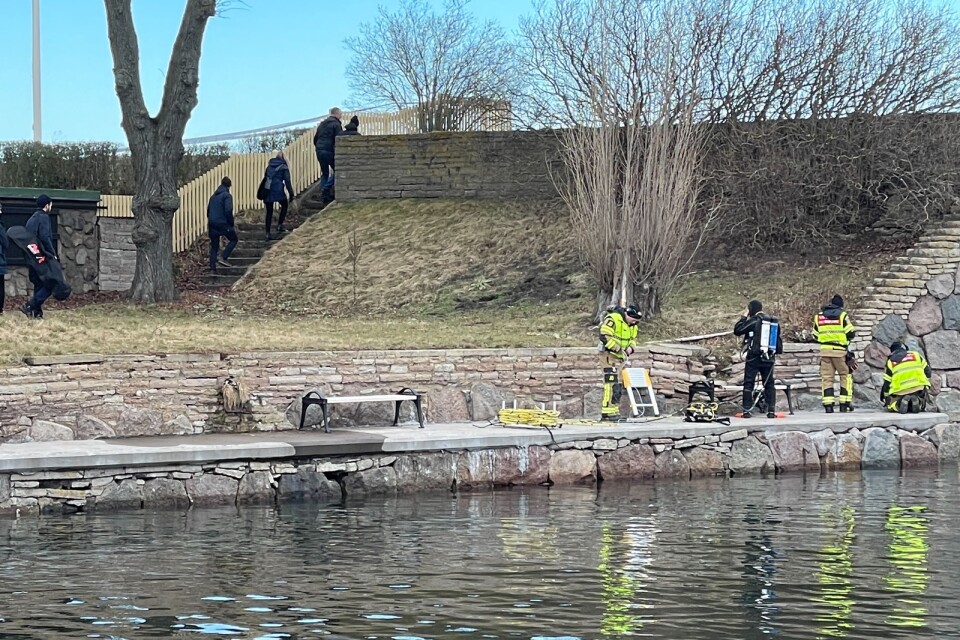 Dykare vid vattnet i närheten av brottsplatsen efter mordet på en man Östra Vallgatan.
