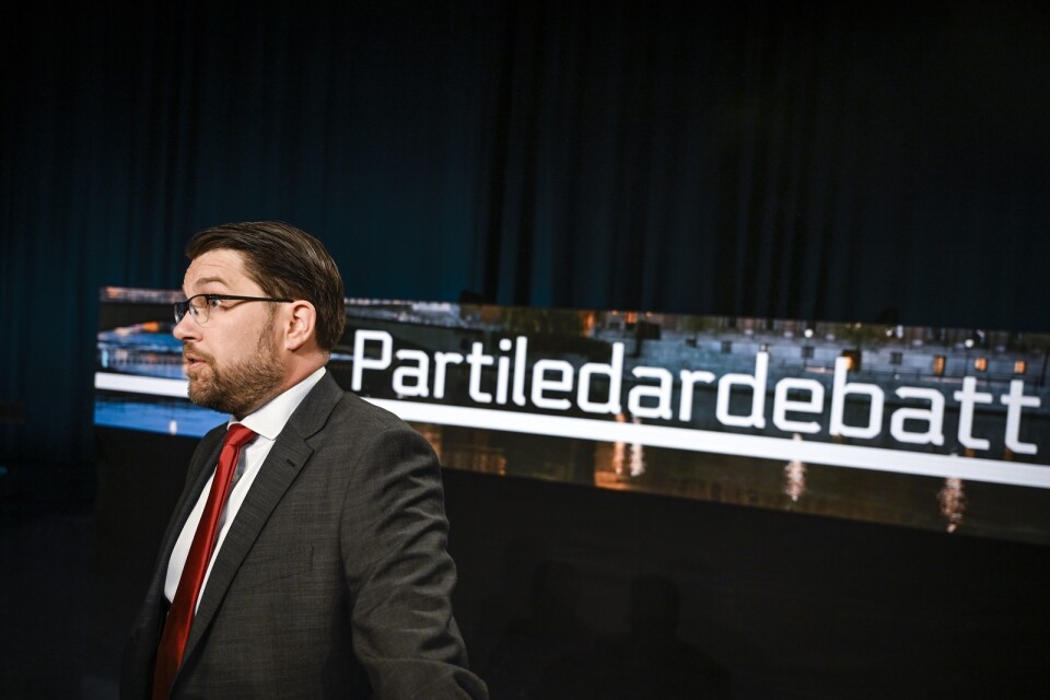 Sverigedemokraternas partiledare Jimmie Åkesson (SD) efter partiledardebatten i Agenda hos Sveriges Television i Stockholm på söndagskvällen.