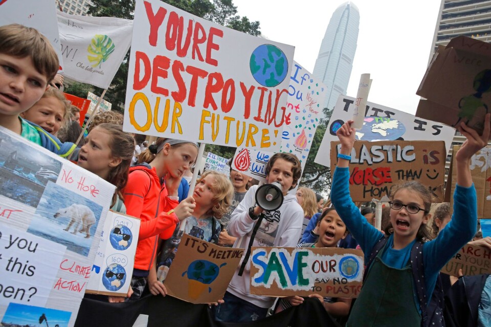 Skolstrejk för klimatet i Hong Kong. En numera global rörelse som initierats av den svenska klimataktivisten Greta Thunberg.