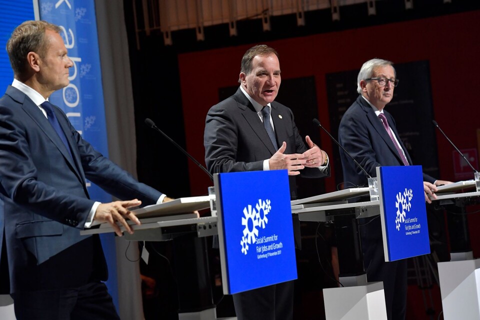 Riksdagsvalet bör även betraktas som ett EU-val, menar Christofer Fjellner. Här är Stefan Löfven omgiven av ministerrådets ordförande Donald Tusk och kommissionens ordförande Jean-Claude Juncker under toppmötet i Göteborg i november i fjol.