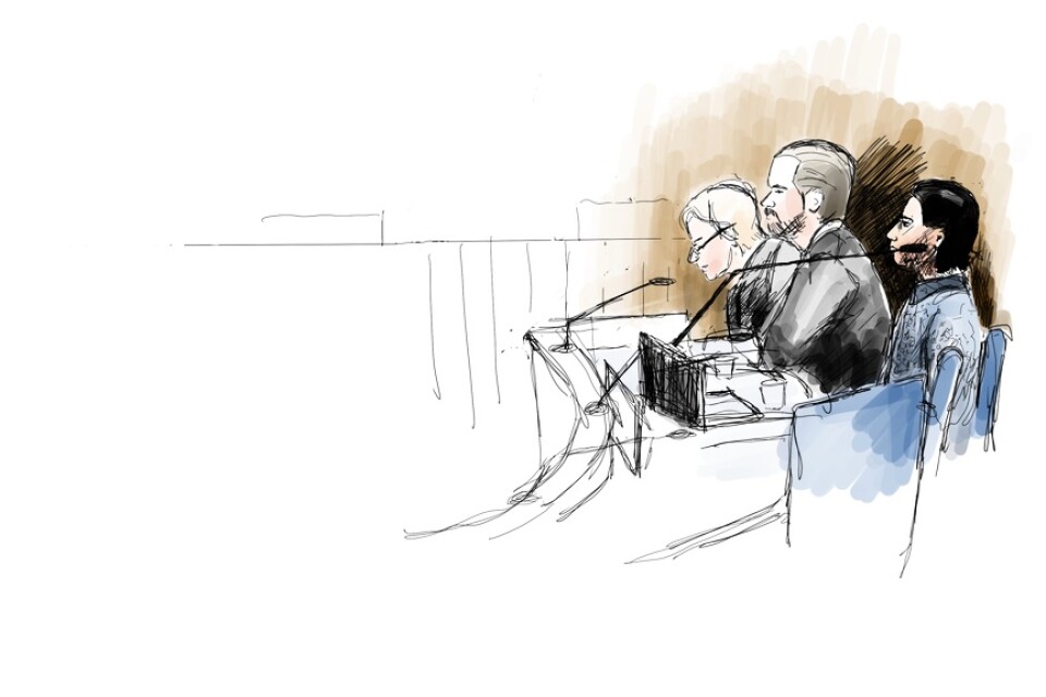 Den åtalade 23-årige mannen, till höger, under första rättegångsdagen i Uddevalla tingsrätt i tisdags. Intill mannen sitter hans två offentliga försvarare, Beatrice Rämsell och Peter Olsson. Teckning.