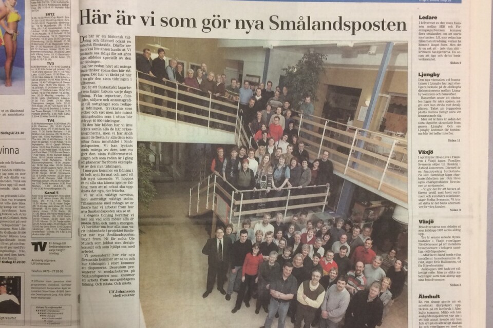 Smålandsposten 28/2 2001. Övergång fullformat tabloid. Sista ettan i fullformat.