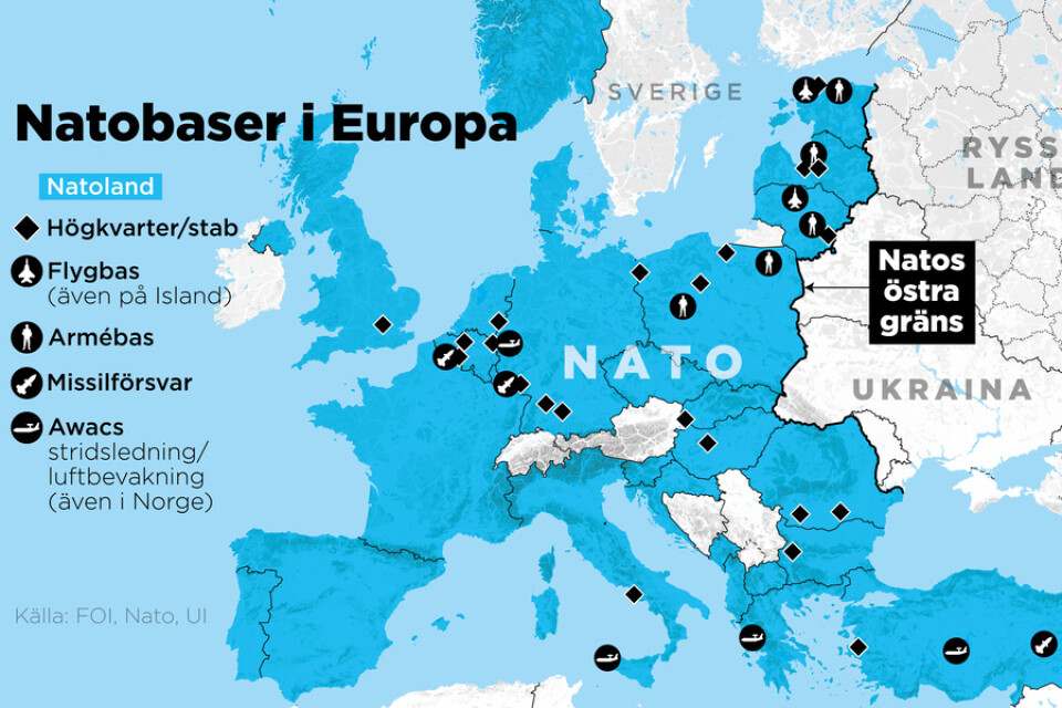Karta som visar Natos högkvarter, staber och baser i Europa.