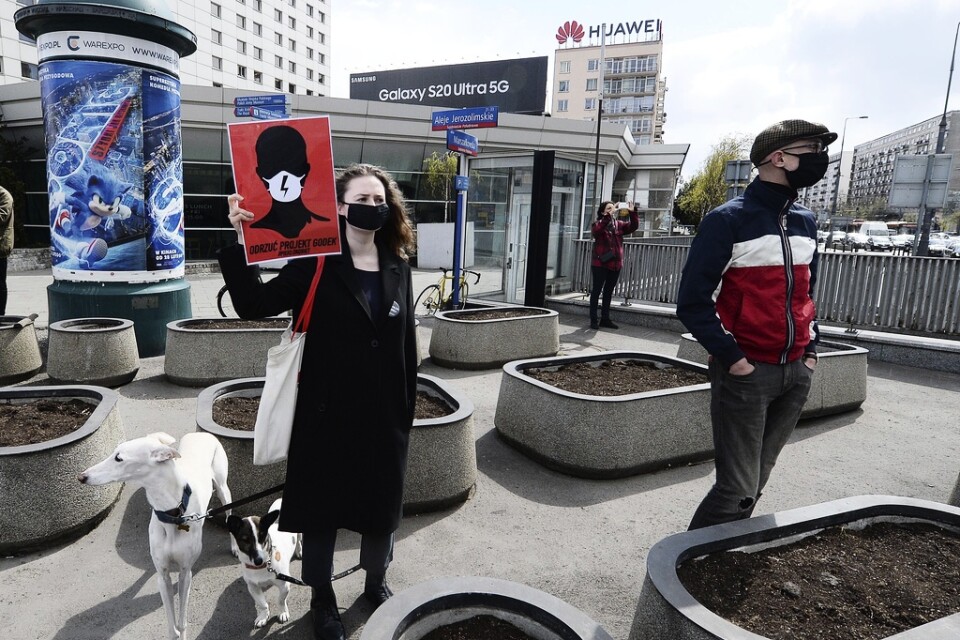 En kvinna i Warszawa protesterar mot de två nya lagförslagen som ska debatteras och röstas om i veckan under en promenad med sina hundar.