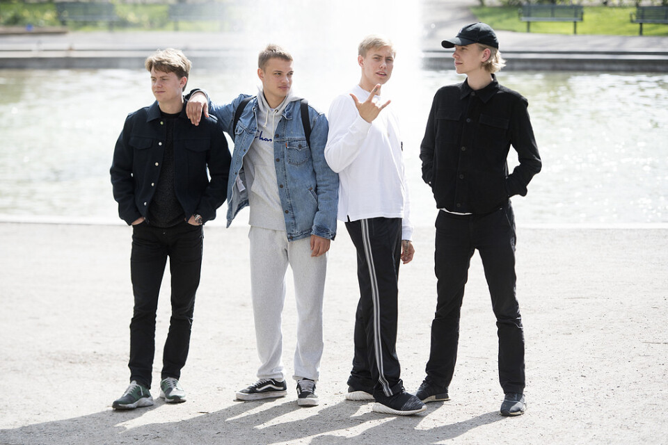 Den svenska hiphop-gruppen Hov1 består av medlemmarna Noel Flike, Ludwig Kronstrand, Dante Lindhe och Axel Liljefors Jansson. Arkivbild.