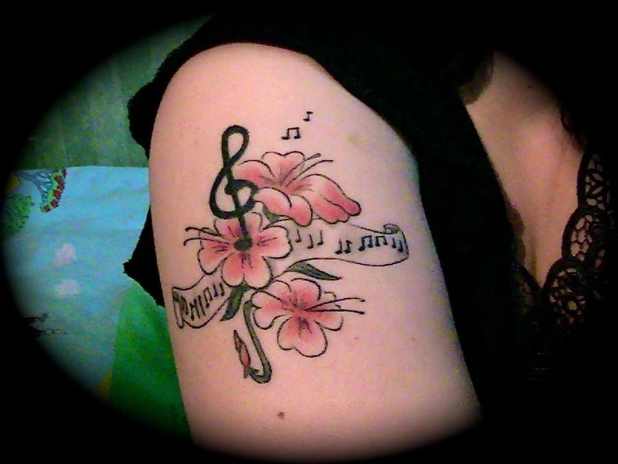 Hela tatueringen är inspirerad av musik, och not bladet är tagen ur en refräng på låten "Amaranth" med min idol band, NIGHTWISH! / Nadja Rautiainen