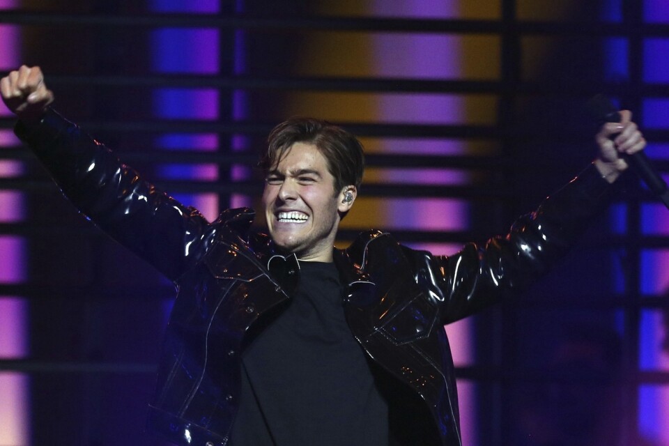 Benjamin Ingrosso from Sweden reacts after performing the song 'Dance You Off' in Lisbon, Portugal, Saturday, May 12, 2018 during the Eurovision Song Contest grand final. (AP Photo/Armando Franca)