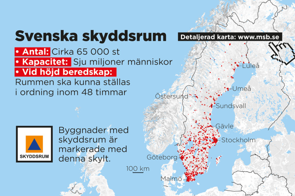 Det finns i Sverige i dag cirka 65|000 skyddsrum med plats för sju miljoner individer.