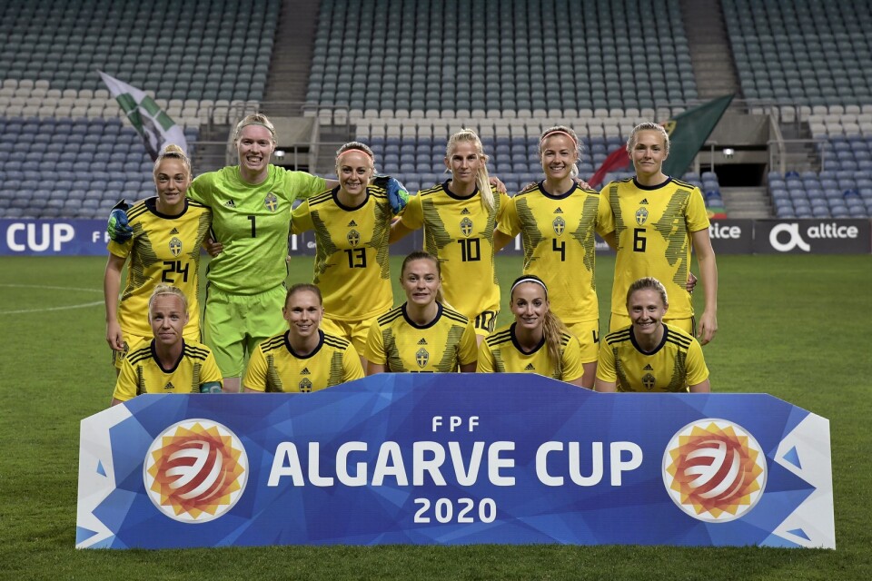 Sveriges startelva inför matchen mot Portugal i Algarve Cup 2020. Nästa upplaga av landslagsturneringen riskerar att ställas in. Arkivbild.