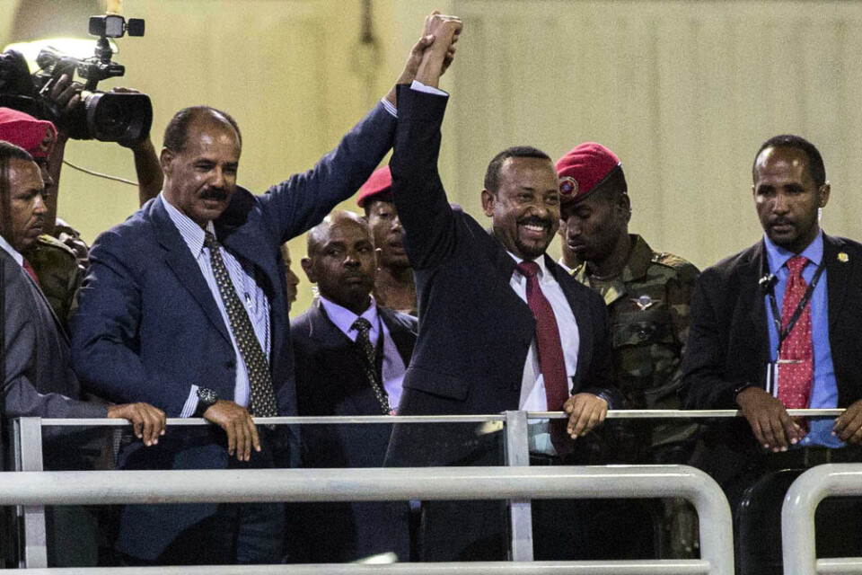 Eritreas president Isaias Afwerki tillsammans med Etiopiens premiärminister Abiy Ahmed. Fredsavtalet mellan länderna hyllades som en stor framgång – men nu har processen gått i stå. Arkivbild.