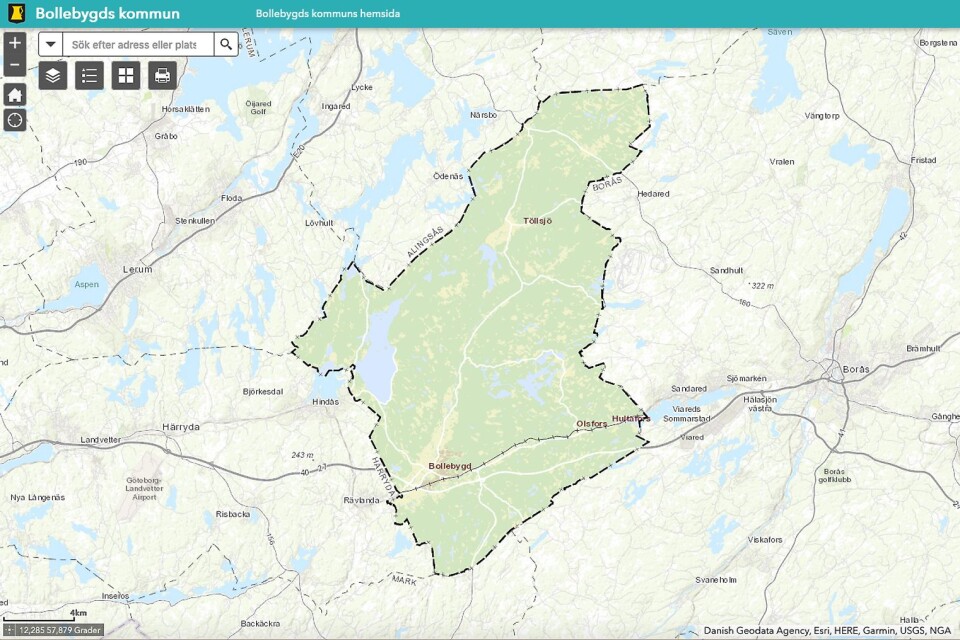 Bollebygds kommuns interaktiva karta har navigeringsknappar och sökruta (bild från kommunens hemsida).