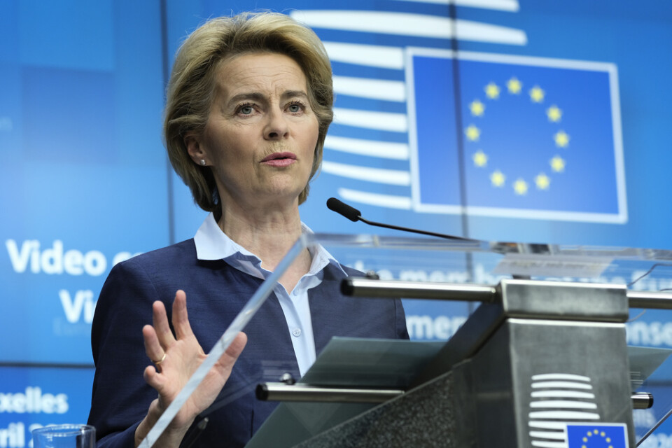 EU-kommissionens ordförande Ursula von der Leyen leder måndagens webbkonferens för att samla pengar till kampen för ett coronavaccin. Arkivbild.