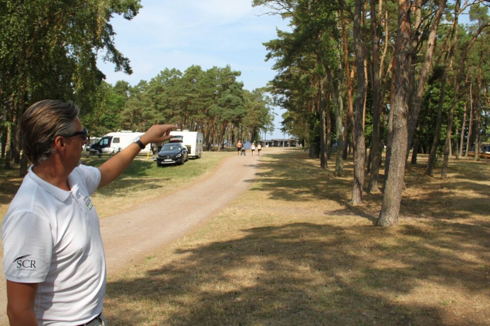 Kapelludden AB har fått ett första klartecken från länsstyrelsen till 16 nya stugor på campingområdet. På bilden visar Kapelluddens tidigare vd Thomas Nilsson ut platsen för stugorna.