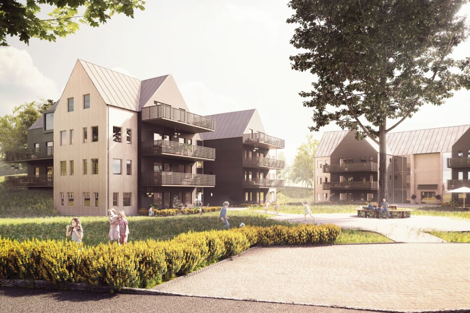 AB Bostäders skiss för 56 nya lägenheter på Kyrkvägen i Brämhult.