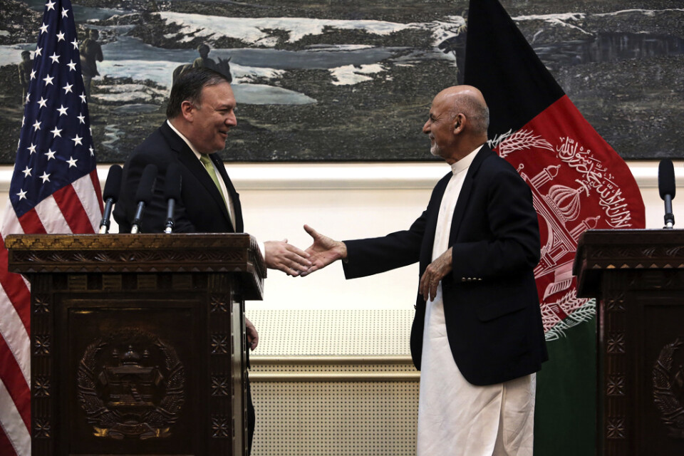 USA:s utrikesminister Mike Pompeo och president Ashraf Ghani i Kabul 2018. Arkivbild.