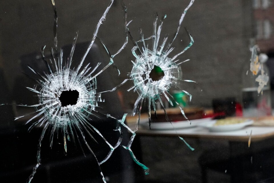 Skotthål i fönsterrutan på en pizzerian i Malmö där en 16-åring träffades av flera skott tidigare i december.