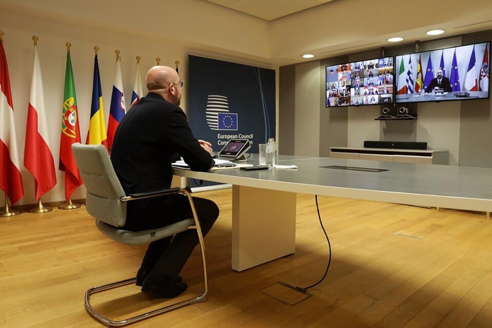 EU:s permanente rådsordförande Charles Michel vid det virtuella G20-mötet i mars.