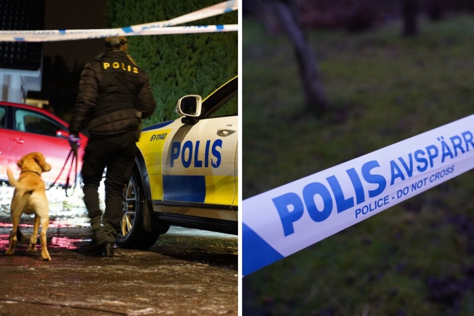 Montage. Polis på plats vid mordplatsen i Växjö. Området spärrades av under tisdagen.