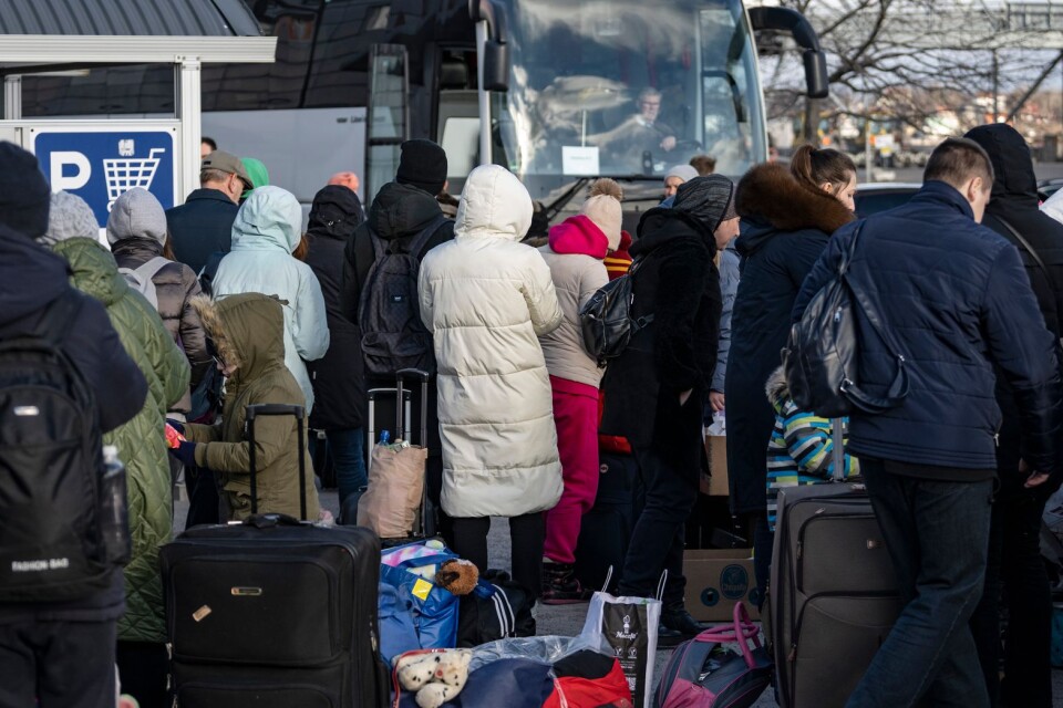 Ukrainska flyktingar. Här från Karlskrona 10 mars.