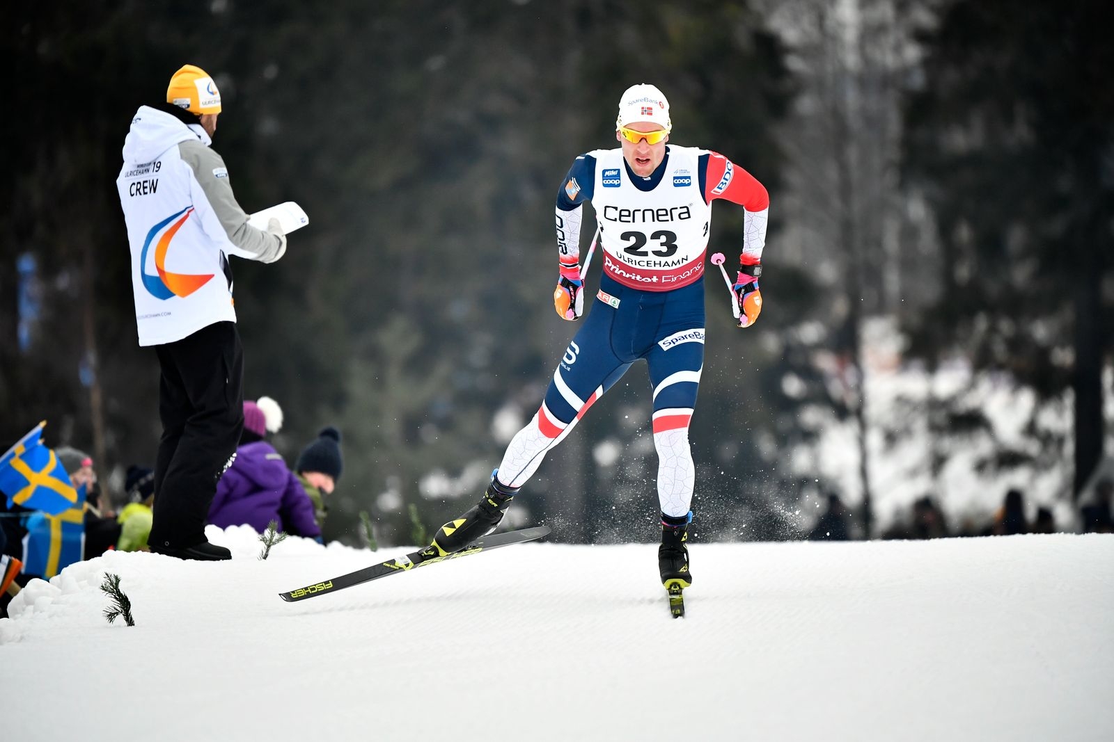 Norges Chris Andre Jespersen under lördagens tävling i 15 km fristil herrar, individuell start i världscupstävlingarna i skidor i Ulricehamn.
Foto Björn Larsson Rosvall