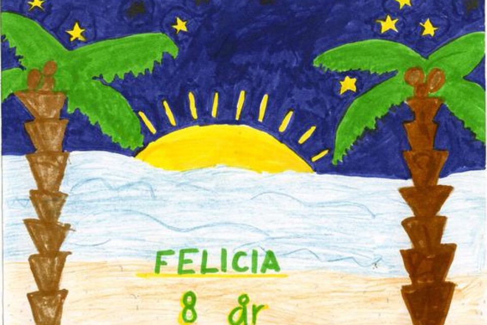 Felicia Nilsson, 8 år, Norra Kverrestad, Gammalstorp, har ritat en fin solnedgång.