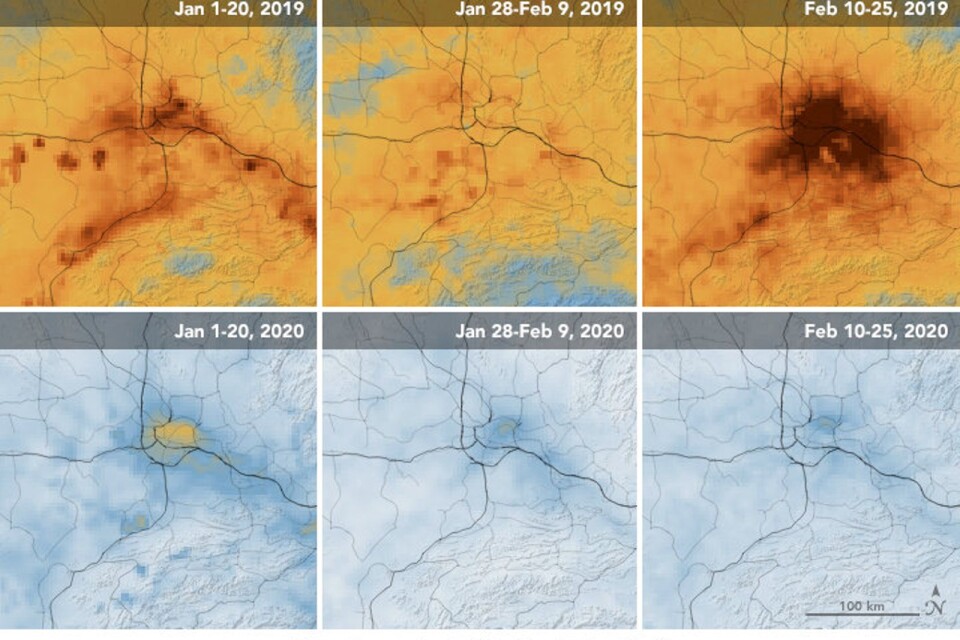 Foton från Nasa och den Euyropeiska rymdstyrelsen visar att utsläppen temporärt sjunker i Kina på grund av Coronasmittan,.