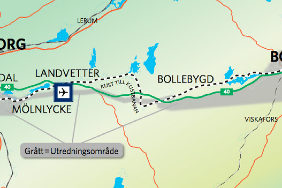 Trafikverkets karta visar i grått det aktuella utredningsområdet för en ny järnväg Göteborg-Borås. Inlagd är även befintliga Kust-till-kustbanan.