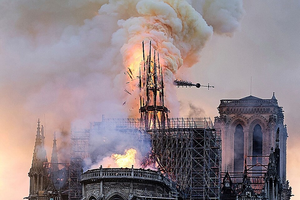 Notre-Dames spira kollapsar under branden som rasar i katedralen.