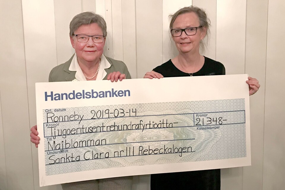 Övermästare Lena Kallberg-Larsson, till höger, överlämnar den symboliska checken till Majblommekommitténs ordförande Agneta Carlander.