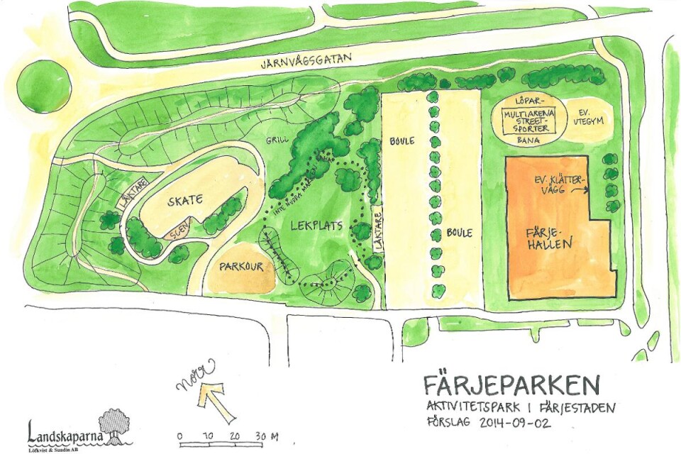 Den 6 juni ska Färjeparken invigas. Som en del ingår en lekpark med extra allt. En detaljerad skiss publiceras i lördagens tidning. Foto: Landskaparna
