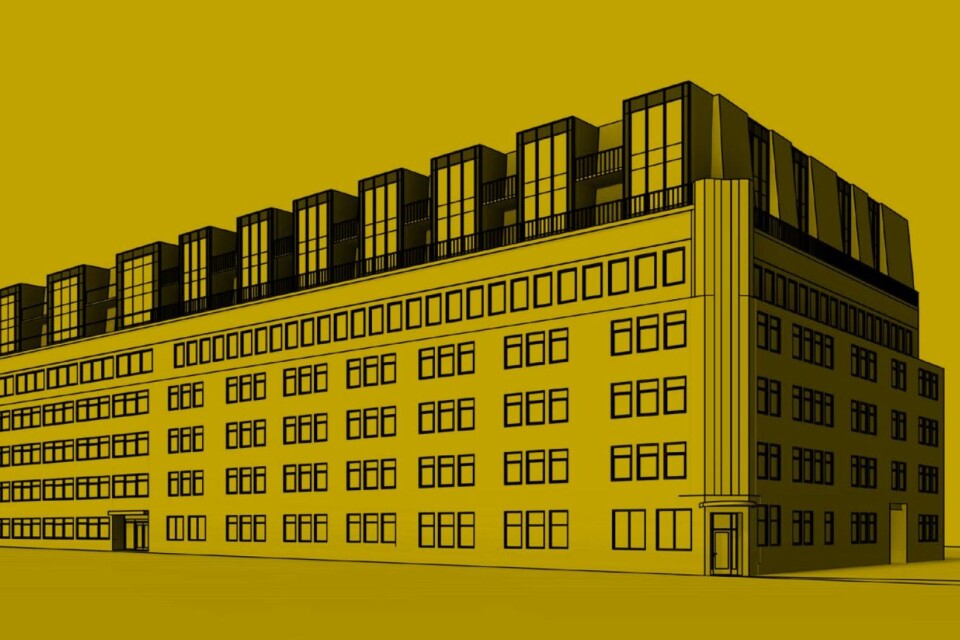 Tidig skissbild över de tilltänkta två takvåningarna som man vill bygga på Erlahuset längs med Österlånggatan och Fabriksgatan.