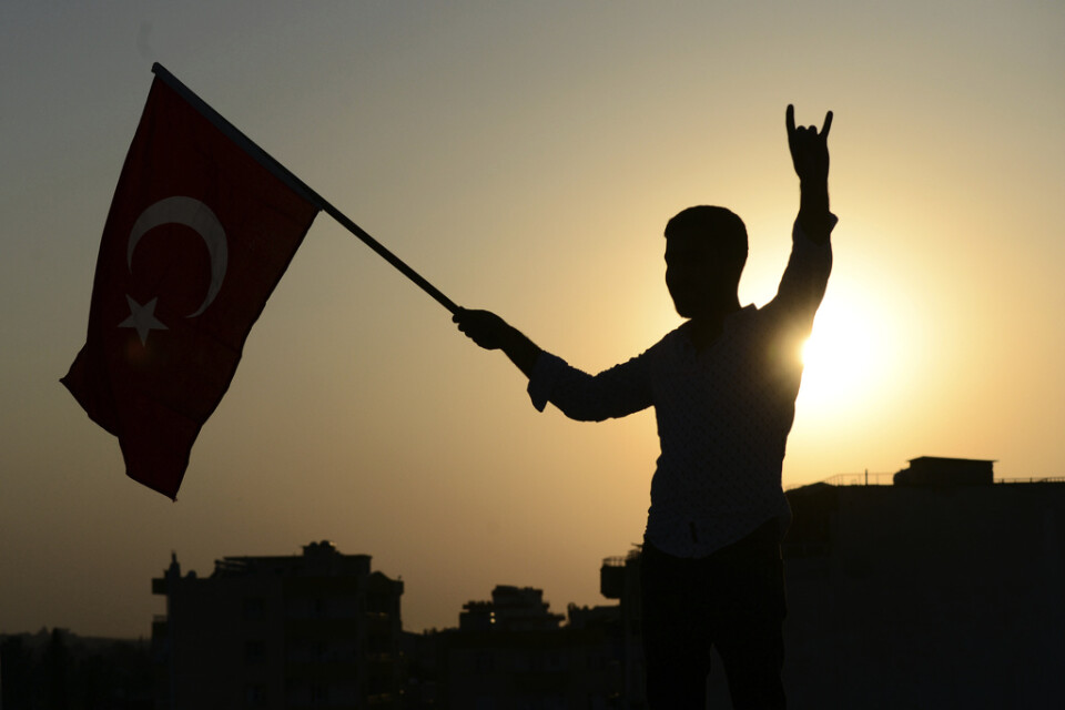 En ung man firar Turkiet-stödda syriska styrkors avancemang i staden Tal Abyad i söndags.