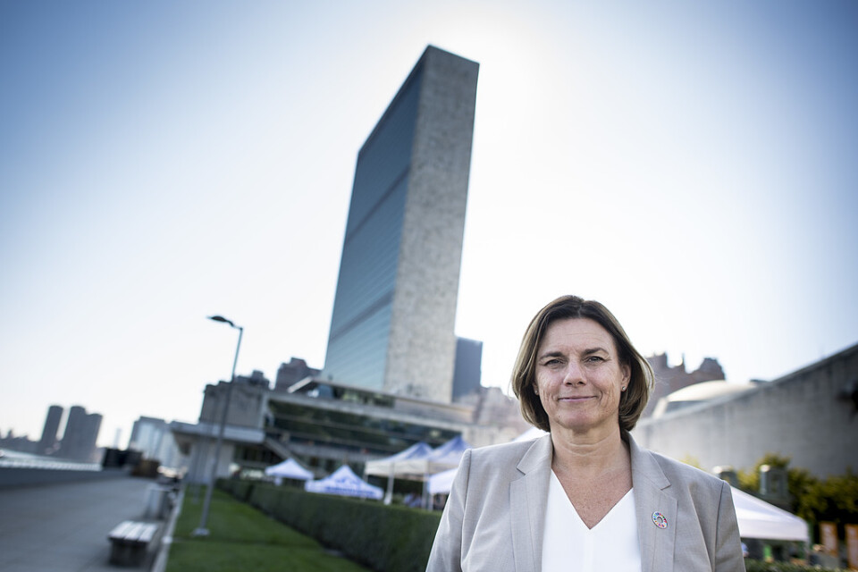Miljö- och klimatminister Isabella Lövin (MP) vid FN-högkvarteret i New York.