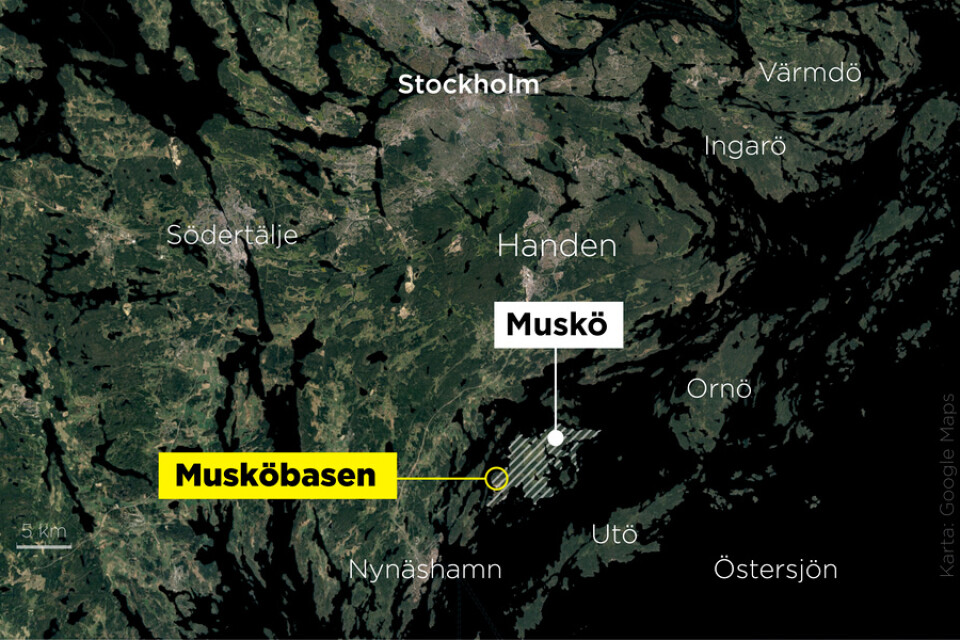 Musköbasen ligger i Haninge kommun, söder om Stockholm.